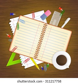 School stationery and empty notebook on wooden background, vector illustration