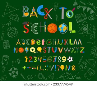 School stationery font, education supply type, student alphabet. Vector abc characters with pencil, compass, scissors and flask. Magnifier, ruler, books, ball and paints palete on green chalkboard