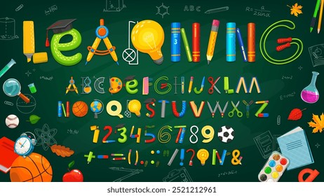 School stationery font, education supply type, student alphabet letters and numbers vector typography set on class blackboard background. Cartoon book, pencil, scissors and paint abc characters font