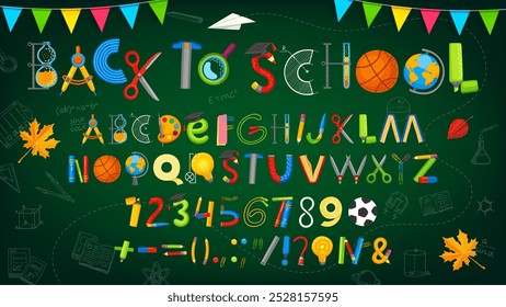 School stationery font, education supply type, cartoon student alphabet on blackboard vector background. Back to school typography, english alphabet letters and numbers font, book, scissors and globe