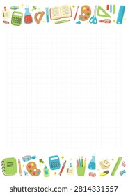 ​Cute school stationery frame on grid background. Squared paper template with top and bottom borders of cartoon education supplies, calculator, books, and art tools.