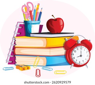 School Stationery Graphic with Stacked Books, Notebooks with Pencil Holder and Apple on Top, Alarm Clock, Paper Clips and Sharpener on Foreground 