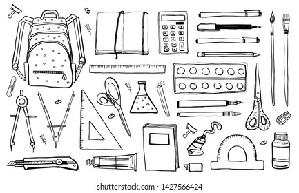 School stationery. Hand drawn outline doodle sketch vector objects set. Backpack, pens, notepads writing materials, scissors, brushes, paints, rulers, compass'. Black on white background