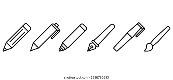 Ícone de papelaria escolar empacota ícones lineares. lápis vetorial, canetas, marcadores e pincéis, papelaria escolar no fundo transparente.