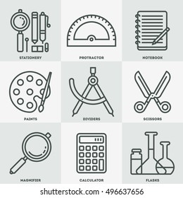 School Stationery Icon Set. Line Design Vector Illustrations.