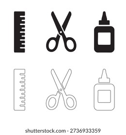 School Stationery Icon Set - Ruler, Scissors, and Glue Bottle