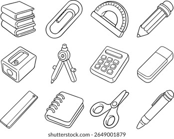 ็็Hand-drawn school and stationery icons, perfect for educational themes or office supplies. This collection includes essential items like books, paperclip, protractor, pencil, sharpener, compass.