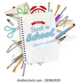 School stationery isolated over white with copyspace. EPS 10 vector file included
