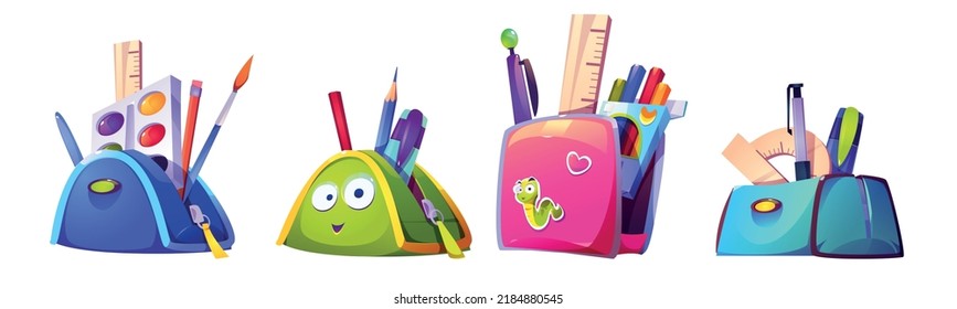 School stationery isolated set. Backpack and pencil case with studying supplies, paints and pen or color pencils, ruler and brush. Back to school concept with student appliances, Cartoon vector icons