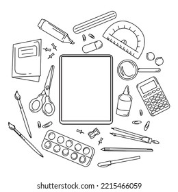 School stationery items on sheet with a blank sheet in the middle,Doodle line drawing vector illustration.Template for advertising brochure.School items for study and creativity set,black liner sketch
