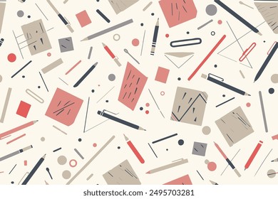  School stationery items seamless pattern. Back to school print wallpaper education stuff workbook pencils pet rubber vector illustration isolated