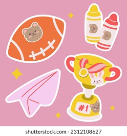 School stationery kawaii sticker set. Hand drawn office supply cartoon doodle crayon, rugby foot ball, trophy cup. Bundle of cute kid graphic print for preschool. children learn teacher college vector