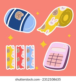 School stationery kawaii sticker set. Hand drawn office supply cartoon doodle calculator, eraser, tape. Bundle of cute kid graphic print for preschool. children learn, teacher, college vector