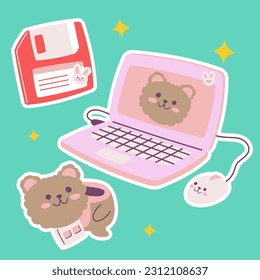 School stationery kawaii sticker set. Hand drawn office supply cartoon doodle floppy disk, flash drive, laptop. Bundle of cute kid graphic print for preschool. children learn, teacher, college vector