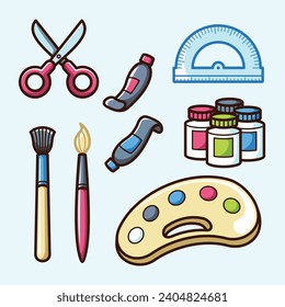 School Stationery Kit Vector Arts. Back to School stationery items for students simple icon design. Fun learning items for school in junior, elementary, and high school