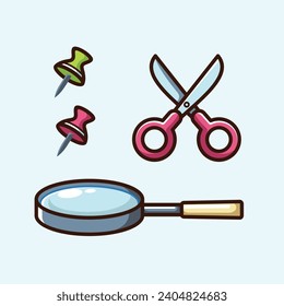 School Stationery Kit Vector Arts. Back to School stationery items for students simple icon design. Fun learning items for school in junior, elementary, and high school