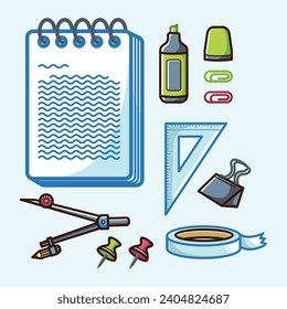 School Stationery Kit Vector Arts. Back to School stationery items for students simple icon design. Fun learning items for school in junior, elementary, and high school