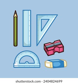 School Stationery Kit Vector Arts. Back to School stationery items for students simple icon design. Fun learning items for school in junior, elementary, and high school