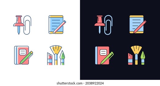 School stationery light and dark theme RGB color icons set. Pins and paper clips. Graph composition book. Isolated vector illustrations on white and black space. Simple filled line drawings pack