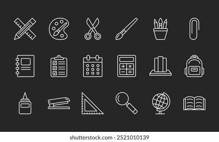 School stationery line icons, editable stroke, dark background, vector eps10 illustration