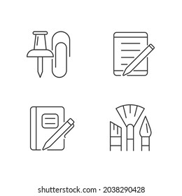 Iconos lineales del diseño de papel escolar. Pines y clips de papel. Equipo de Tablet PC. Libro de composición de grafos. Símbolos de contorno de línea delgada personalizables. Ilustraciones aisladas del contorno vectorial. Trazo editable