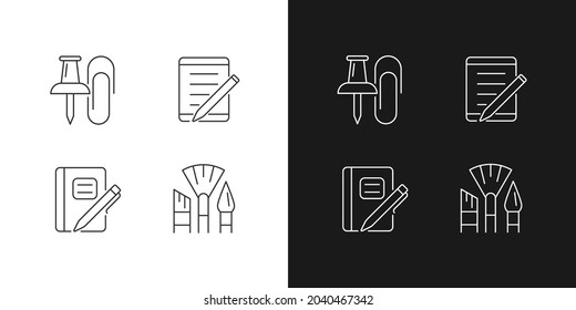 School stationery linear icons set for dark and light mode. Pins and paper clips. Graph composition book. Customizable thin line symbols. Isolated vector outline illustrations. Editable stroke