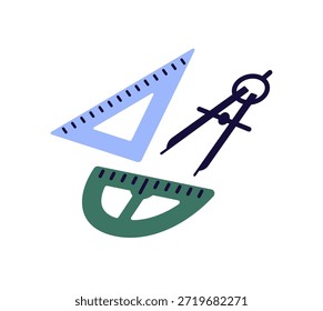School stationery to measure length, angles. Rulers, triangles, protractor, compass for drafting. Architectural supplies, tools, items to scale. Flat isolated vector illustration on white background
