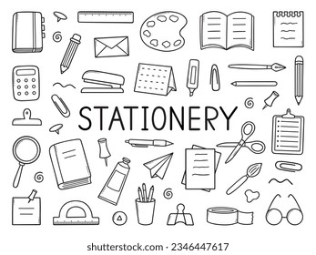 School stationery and office supplies doodle set. Pencil, pen, calculator, scissors, notebook in sketch style. Hand drawn vector illustration isolated on white background