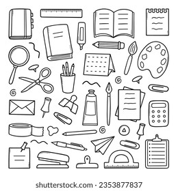 Schulbücher und Bürobedarf Doodle-Set. Stift, Stift, Taschenrechner, Schere, Notizbuch im Skizzenstil. handgezeichnete Vektorgrafik einzeln auf weißem Hintergrund