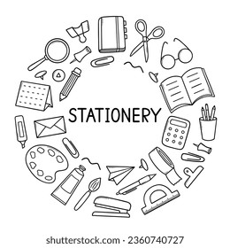 School stationery and office supplies doodle set. Pencil, pen, calculator, scissors, notebook in sketch style. Hand drawn vector illustration isolated on white background