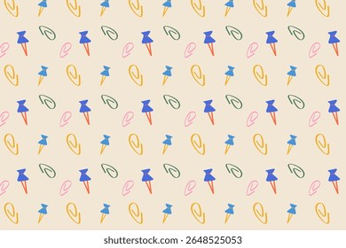 Padrão de papelaria escolar com pinos coloridos e clipes de papel no fundo bege Ideal para planejadores de notebooks crianças tecido e temas de educação