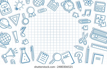 School stationery pattern, education background, study frame, office supplies doodle border. Elementary sticker line art on sheet of checkered notebook. Drawing vector illustration