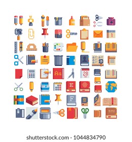 School stationery pixel art 80s style icons set. Design for mobile app, web, logo. Education and training. Isolated vector illustration. Office equipment. Game assets 8-bit sprite sheet. 