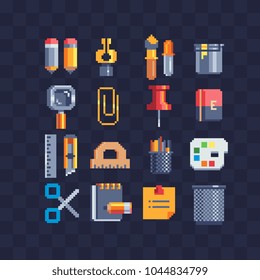 School stationery pixel art icons set. Design for mobile app, web, logo.  Isolated vector illustration. Office equipment, education and training. Game assets 8-bit sprite sheet. 