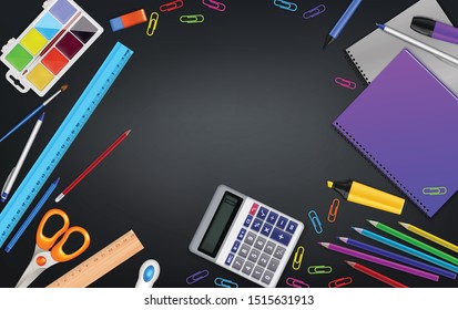 School stationery realistic composition with top view of table with empty space surrounded by office materials vector illustration