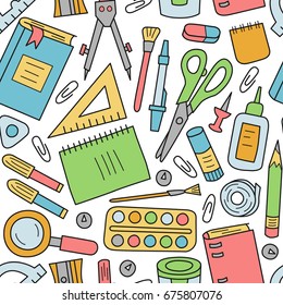 School Stationery. Seamless Pattern In Cartoon Style. Colorful