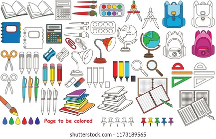 School Stationery set to be colored, the coloring book for preschool kids with easy educational gaming level.