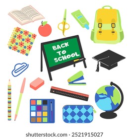 School stationery set in flat stile Vector illustration. Back to shool. Isolated on white