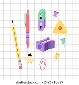 School stationery. Set of school items in flat style. Pencils, sharpener, eraser. Back to school.