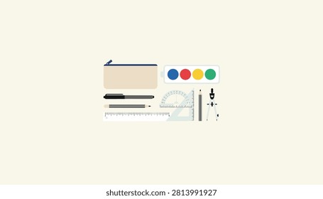 School stationery set with pencil case, watercolor palette, rules, and compass arranged neatly on a plain cream background.