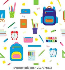 Juego de papelería escolar. Patrón sin brillo en un fondo blanco.