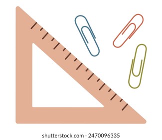 School stationery set, triangular ruler and multi-colored paper clips. Isolated vector illustration for your design