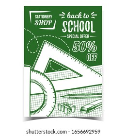 School Stationery Shop Advertising Banner Vector. Ruler And Angle Protractor, Pencil Sharpener And Eraser Stationery Tools. Monochrome Illustration