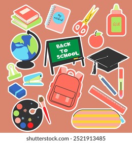 Pegatinas de papelería escolar en Ilustración vectorial de estilo plano. Regreso a la escuela