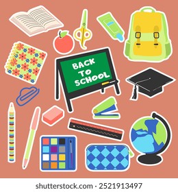 School stationery  stickers set  in flat stile Vector illustration. Back to shool