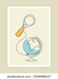 School stationery. Students education. Continuous line icons. Globe and magnifier. Geography learning. College lesson. Earth planet map study. Outline drawing. Magnifying glass. Vector poster design