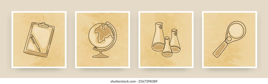 School stationery. Students education. Continuous line icons. Office supplies. Magnifying glass. Chemical beaker. Geography globe. Pen with notepad. Outline doodle graphic cards. Vector posters set