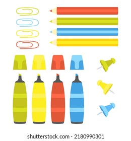 school stationery for successful study markers, pencils, paper clips and buttons, colourful office supply in flat style
