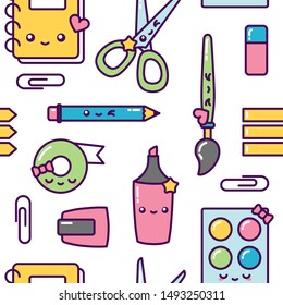 School stationery or supplies kawaii cute seamless pattern pastel colors vector