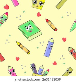 School stationery or supplies kawaii cute seamless pattern pastel colors 